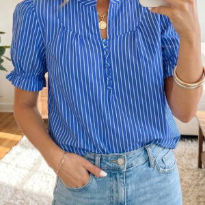 Blusa Azul a Rayas Con Volados Manga Abullonada
