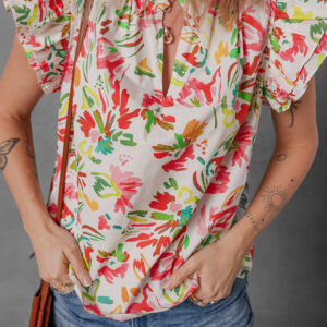 Blusa Multicolor Floral Manga Volado Escote con Abertura