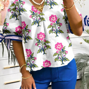 Blusa Blanco Combinado Manga Globo Escote V