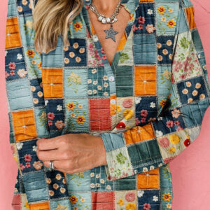 Blusa Azul Celeste Floral Escote V