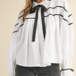 Camisa Blanco Con Volados Manga Abullonada Con Cuello