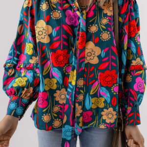Blusa Verde Floral Manga Abullonada Escote con Abertura