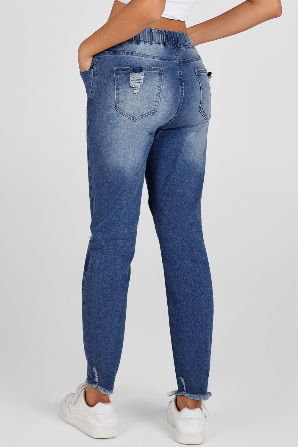 Jean Oscuro Azul Elástico Cintura Pierna Recta Desgastado - Image 5