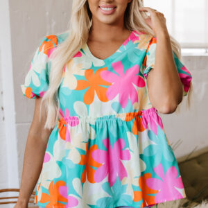 Blusa Rosa Floral Manga Globo Escote V