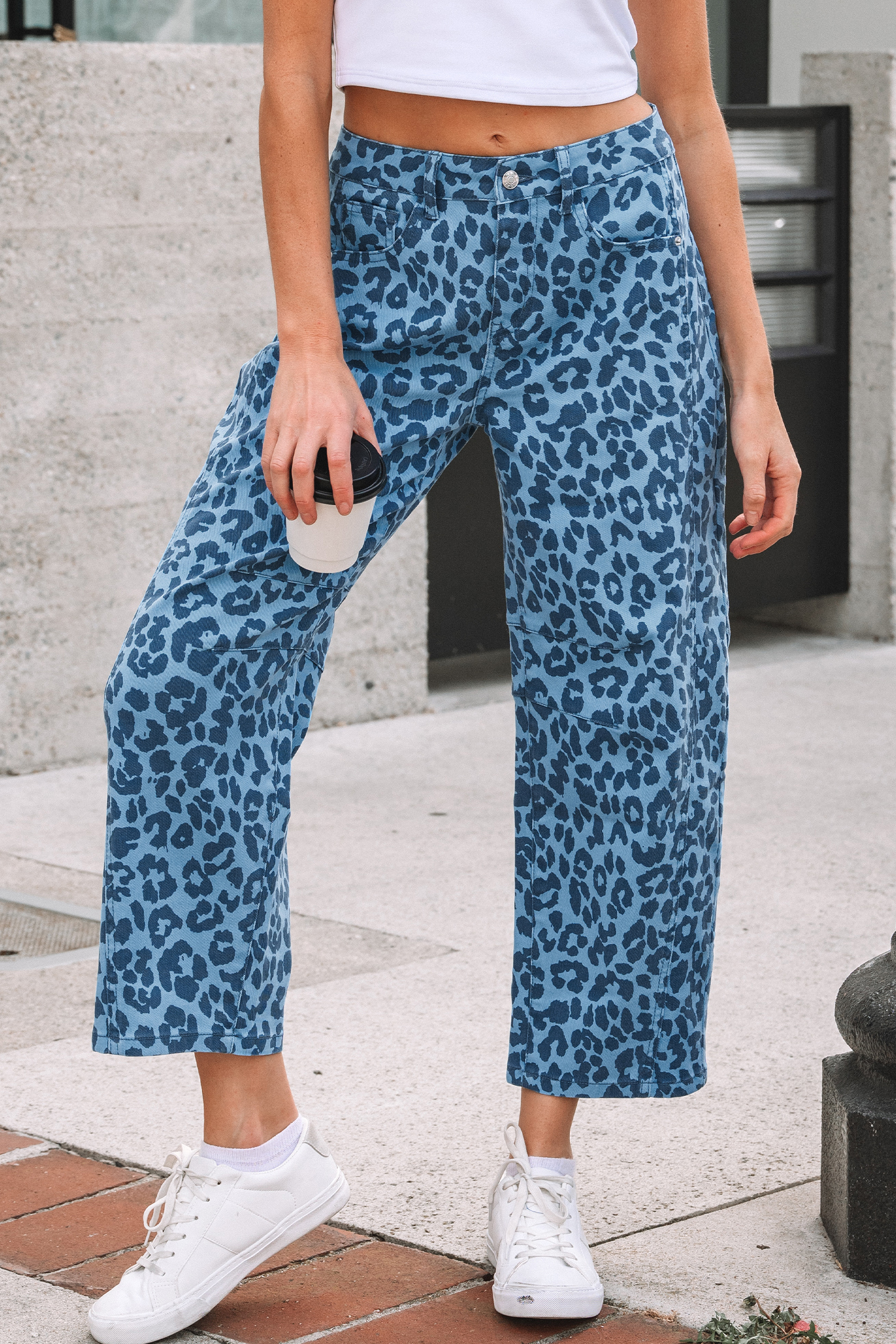 Jean Celeste Animal Print Leopardo Estampado Barrel Pierna