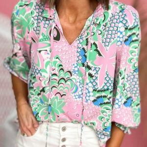 Blusa Verde Floral Suelta Escote V