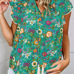 Blusa Verde Floral Manga Volado